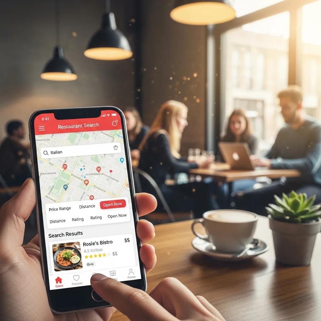 Smartphone displaying restaurant search app with filter options in a café setting