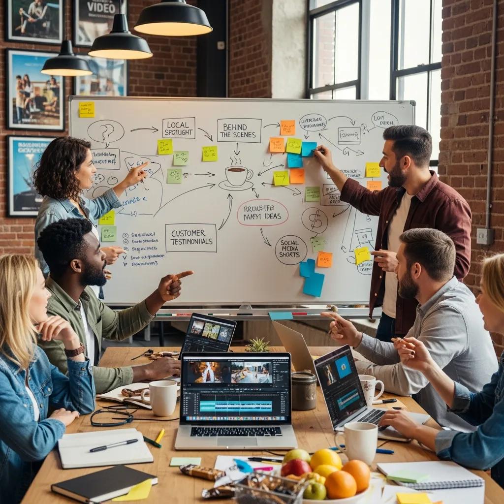 Team brainstorming video content ideas in a creative workspace