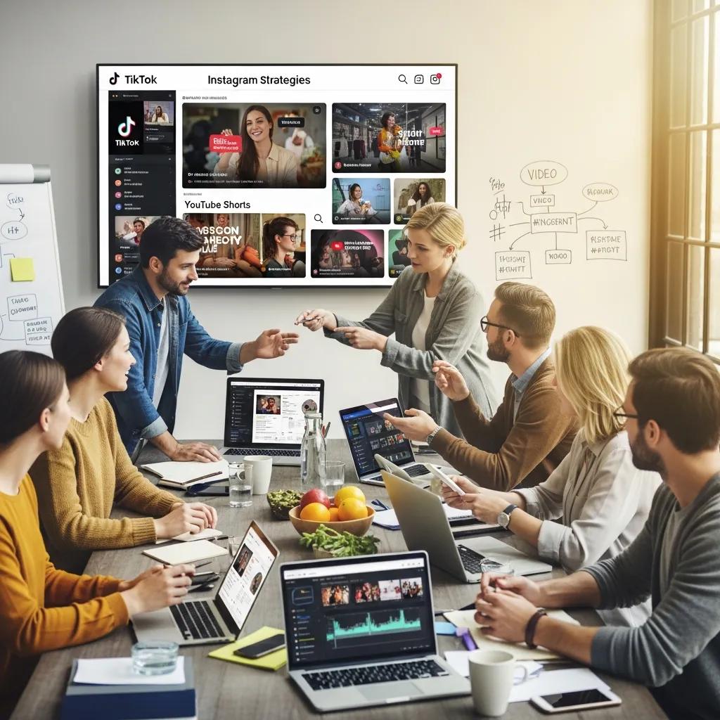 Team discussing social media video strategies in a collaborative meeting