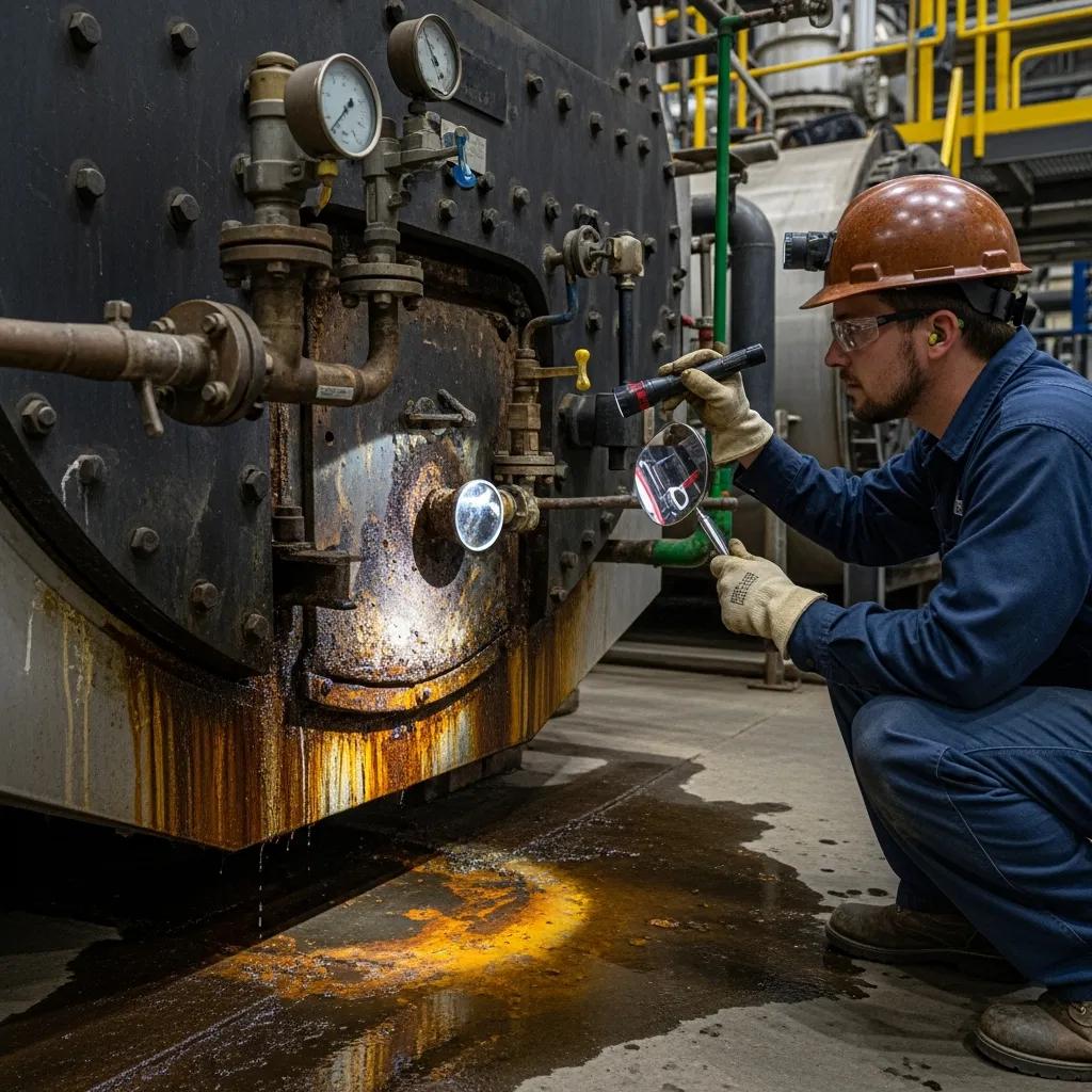 Technician inspecting industrial boiler for leaks and corrosion during maintenance
