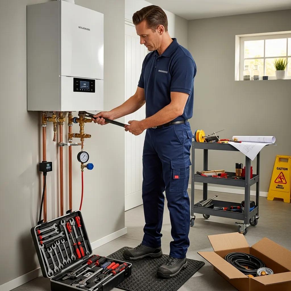 Technician installing a modern boiler in a residential home