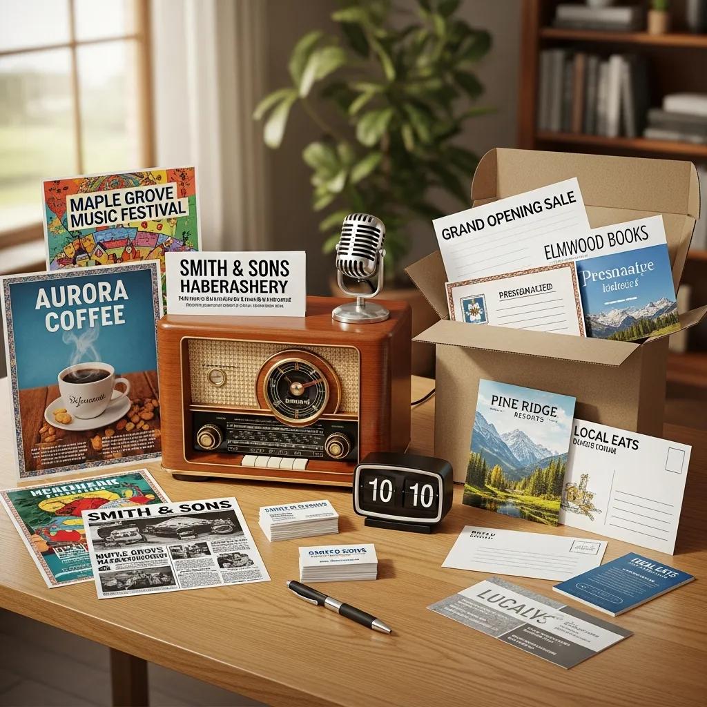 Traditional marketing materials including print ads, radio equipment, and direct mail samples