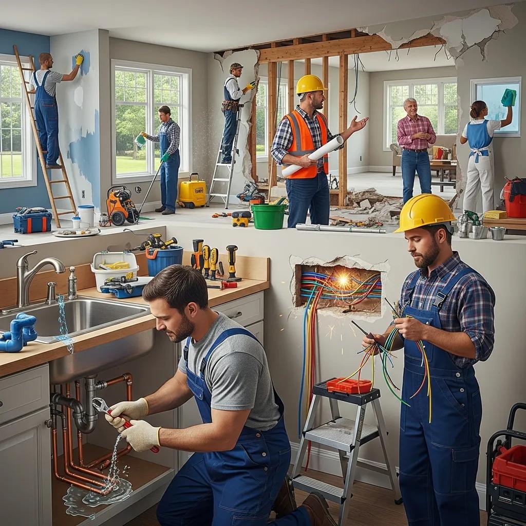 Various home service professionals including a plumber, electrician, and contractor at work