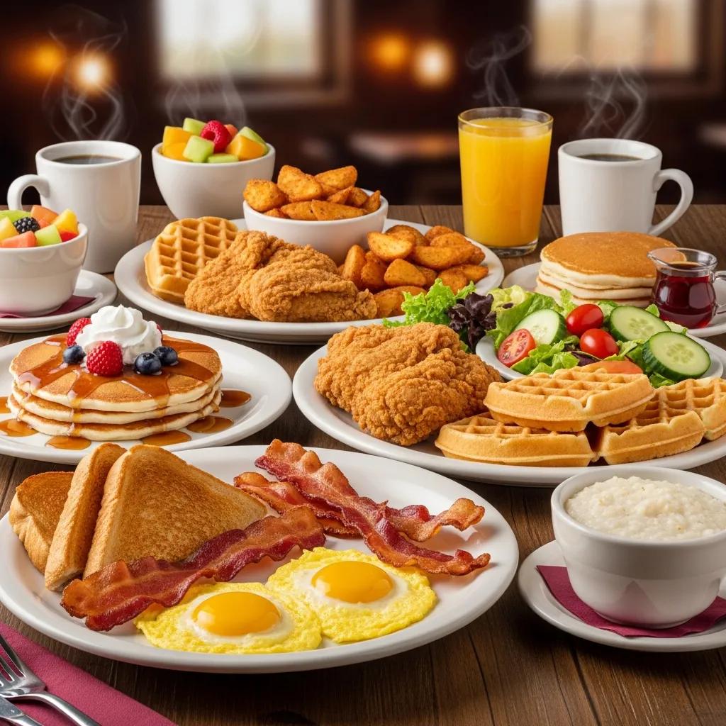 A selection of popular menu items from Kingsberry Waffle House, including breakfast combos and family meal platters