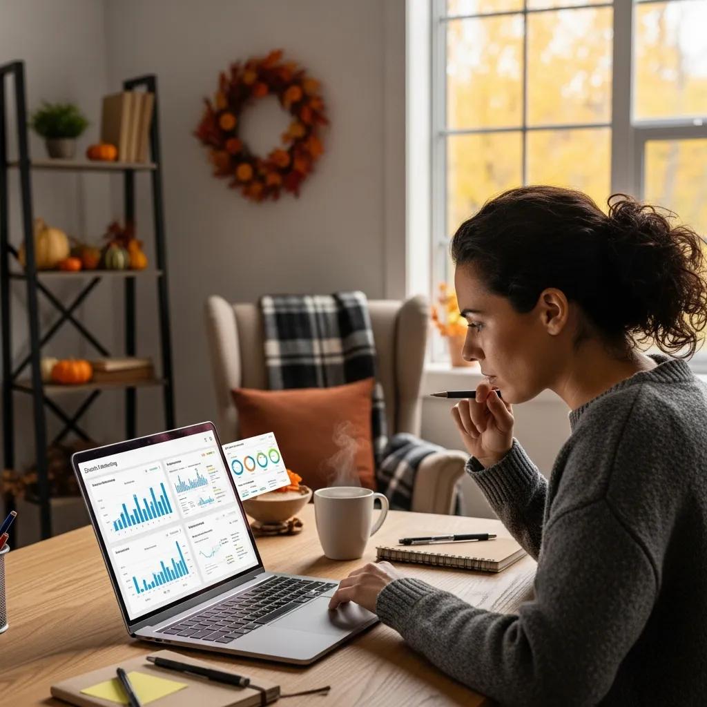 Business owner analyzing local SEO data for seasonal marketing strategies in a decorated office