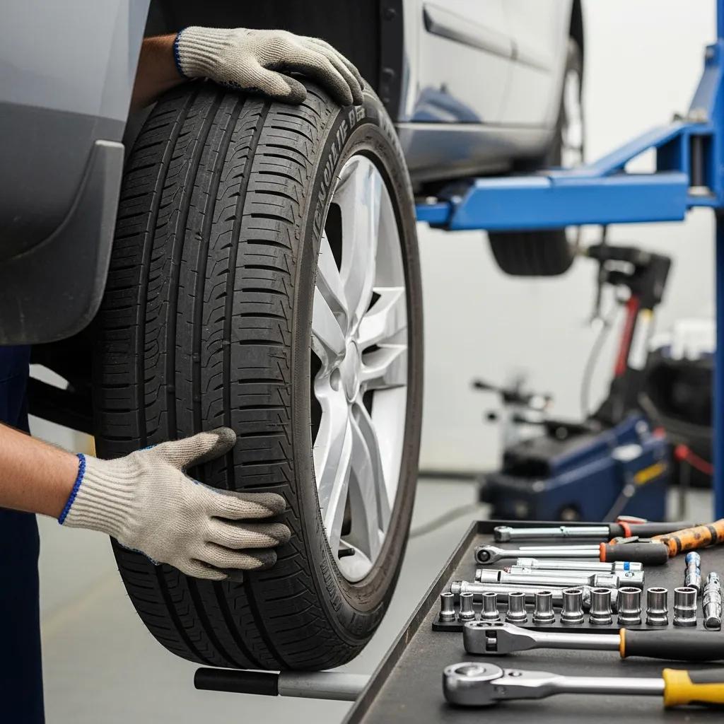 Close-up of a tire installation process highlighting safety and efficiency
