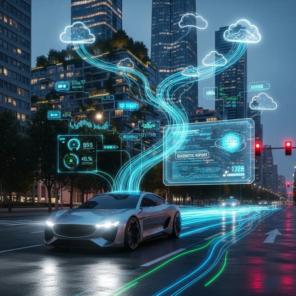 Connected car in a smart city illustrating real-time data sharing and remote diagnostics