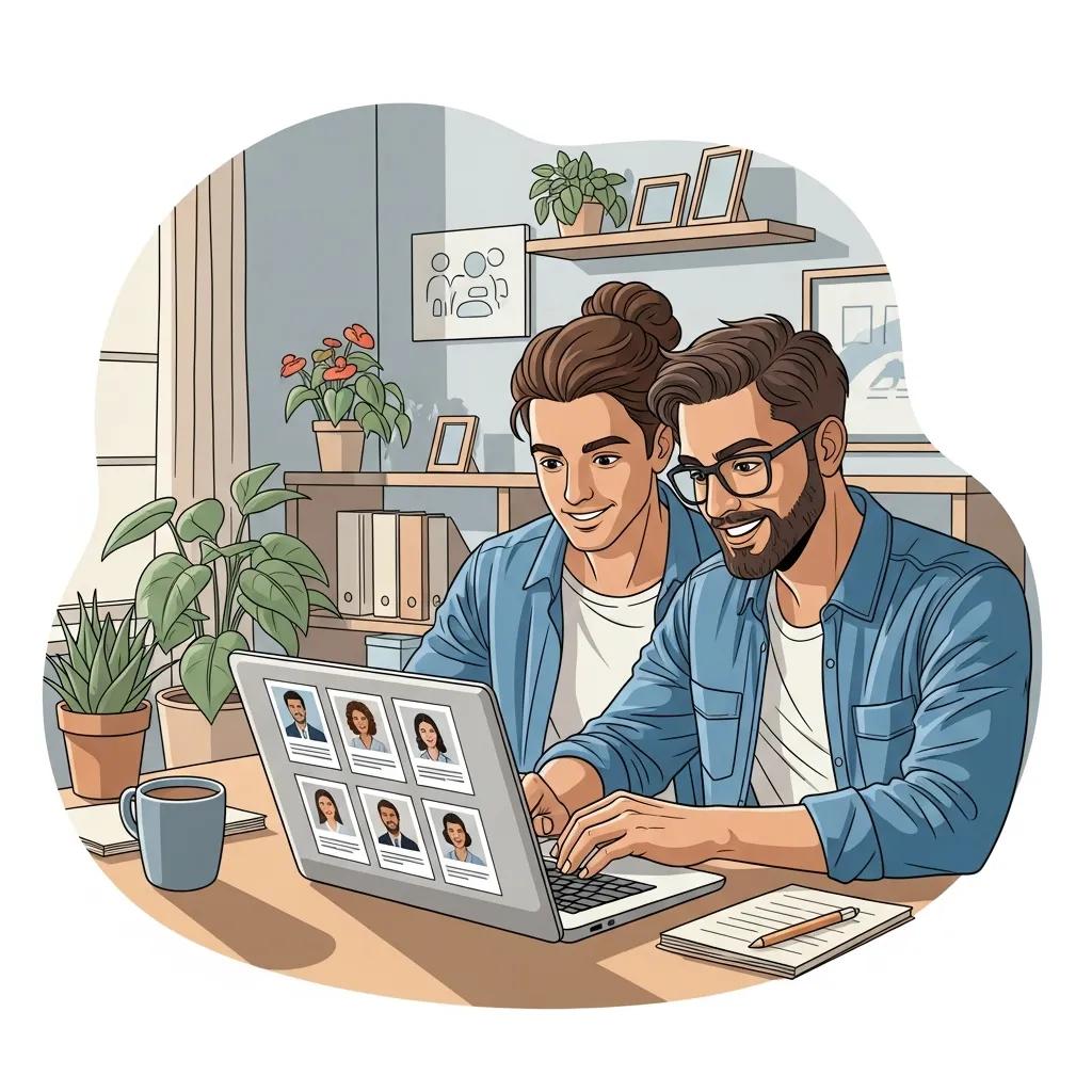 Couple reviewing real estate agent profiles in a cozy home office