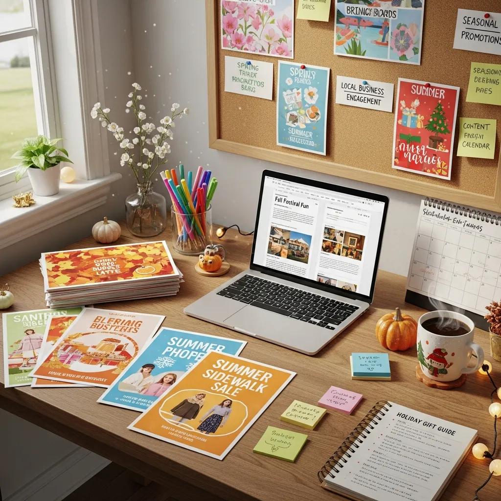 Creative workspace with seasonal content marketing materials for local businesses