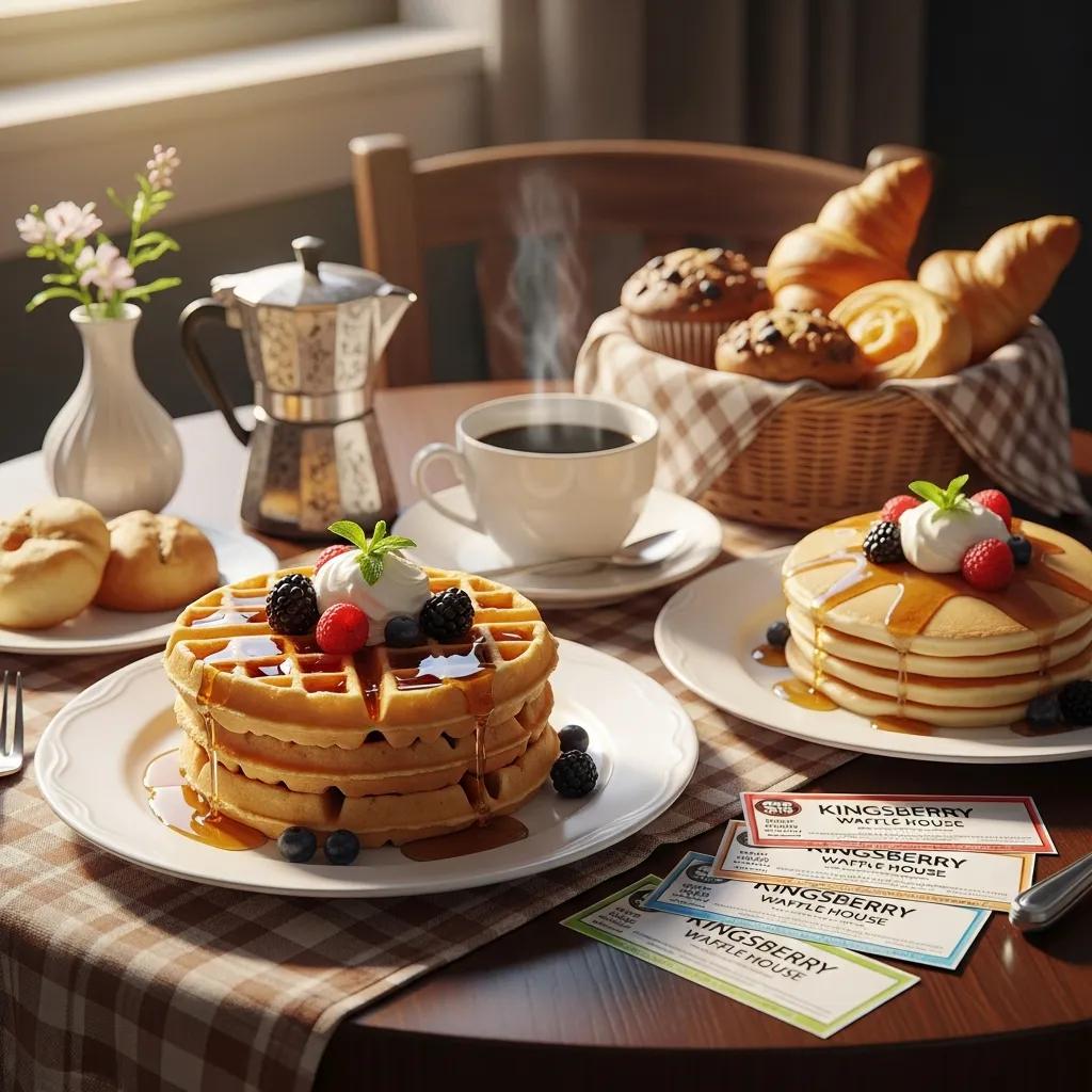Delicious breakfast spread at Kingsberry Waffle House with waffles, pancakes, and coffee, alongside discount coupons