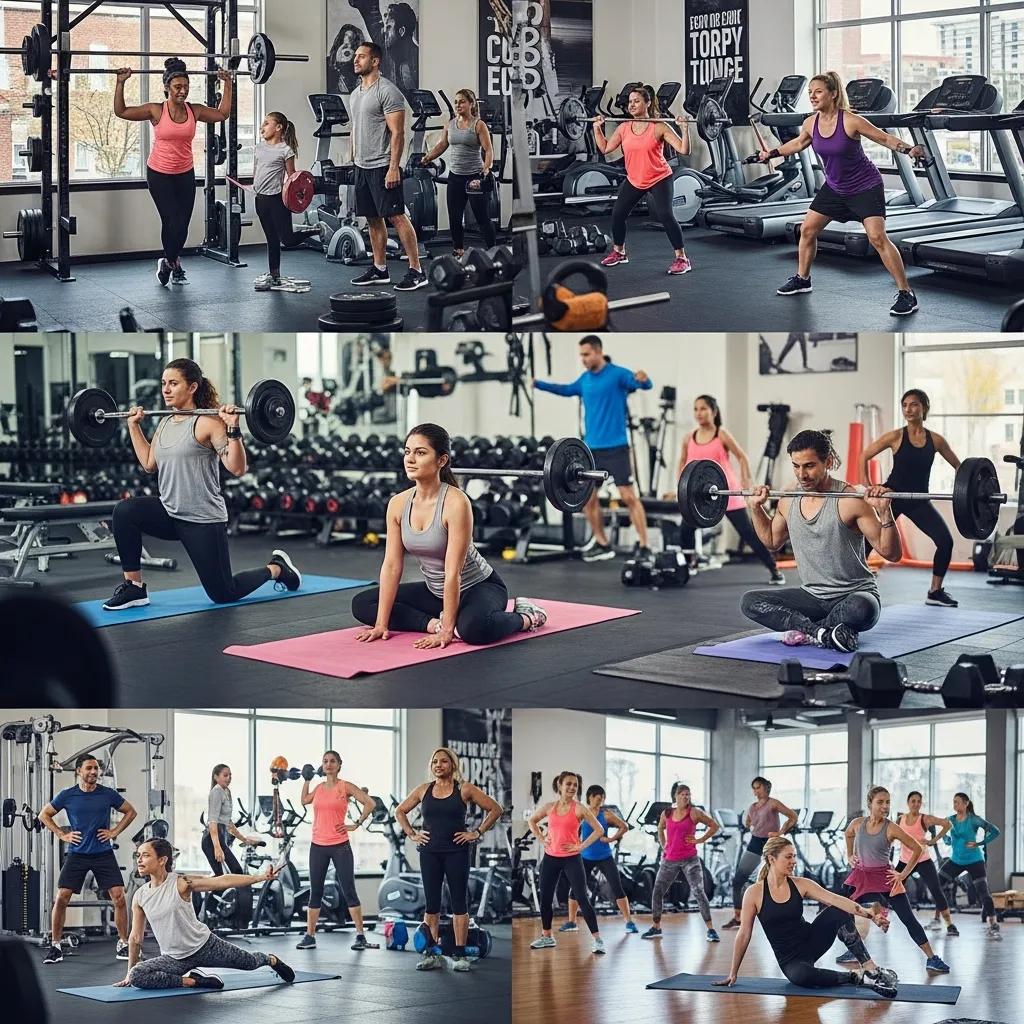 Diverse group of people exercising in a modern gym, showcasing community and fitness