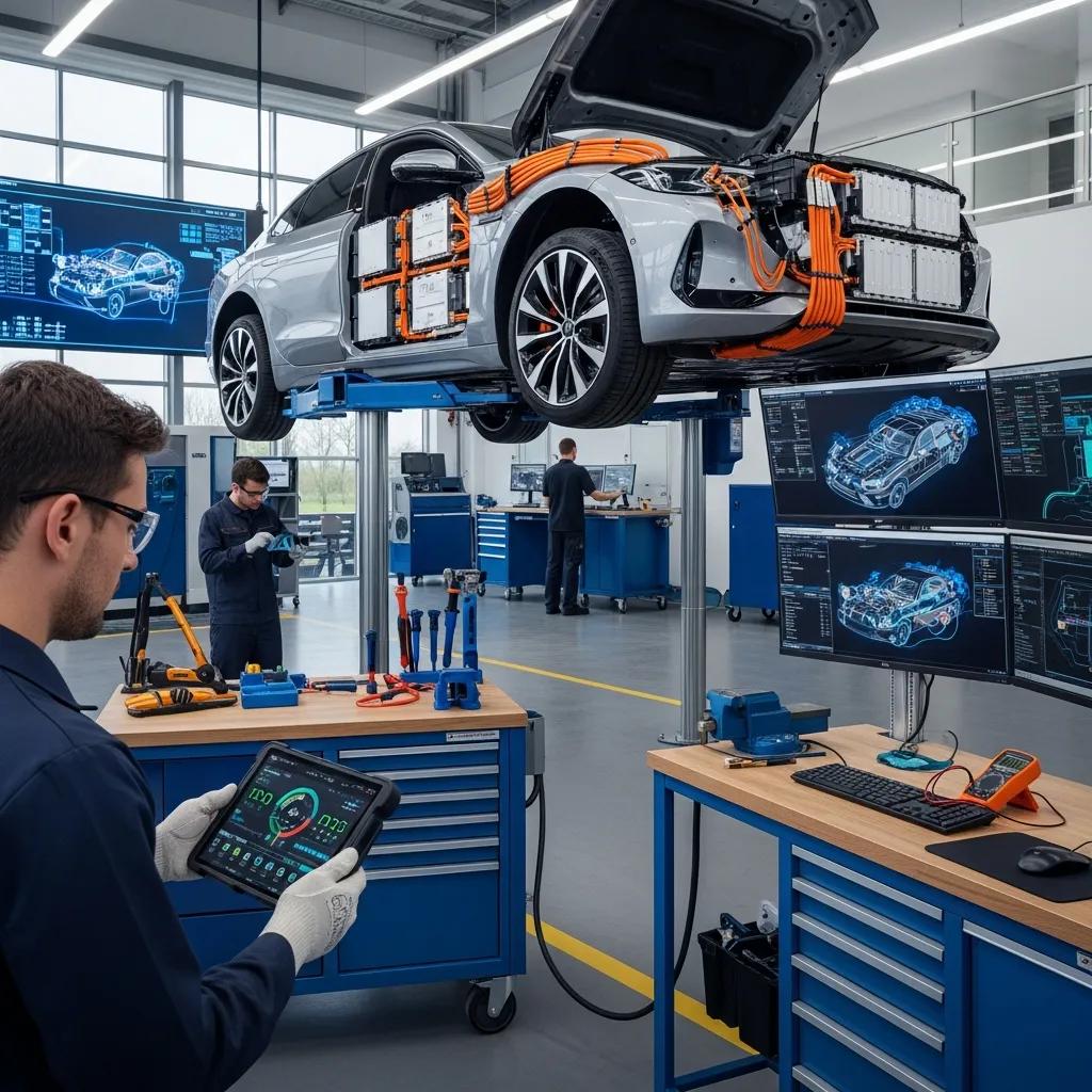 Electric vehicle in a workshop with specialized diagnostic tools highlighting EV maintenance challenges