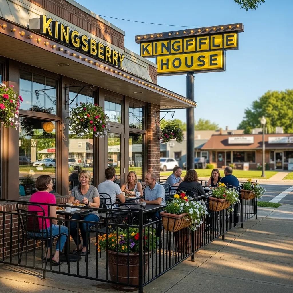 Exterior view of Kingsberry Waffle House with patrons enjoying meals outside on a sunny day