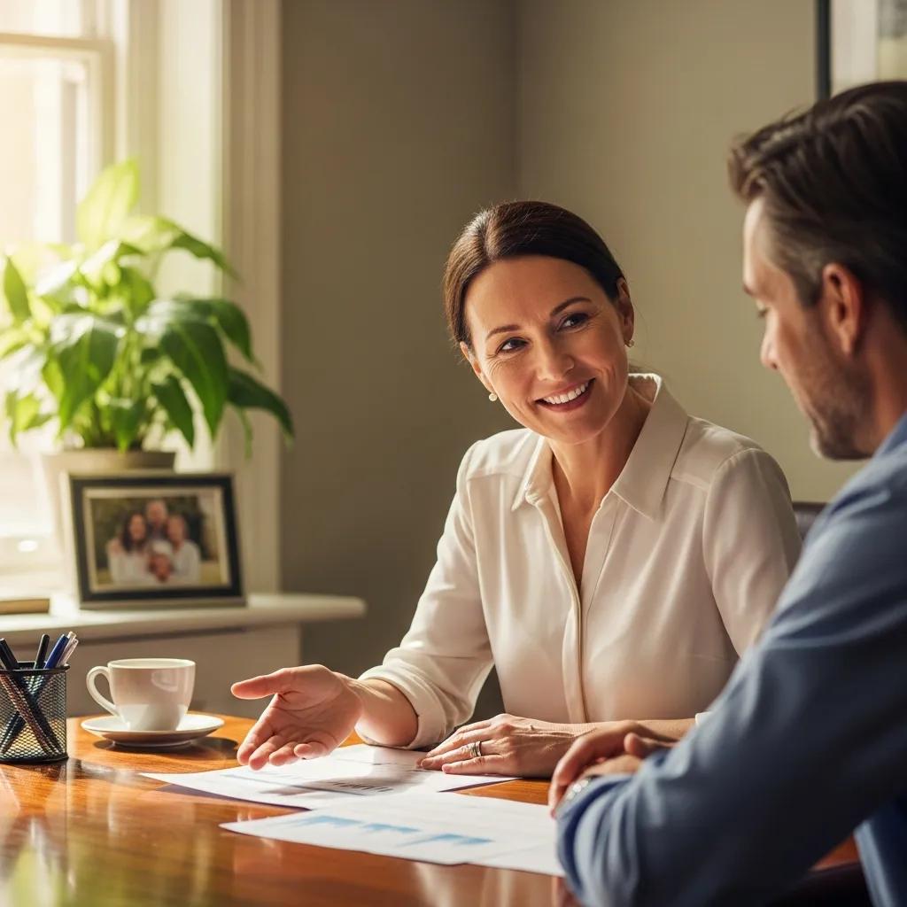 Friendly local accountant assisting a client in a cozy office environment