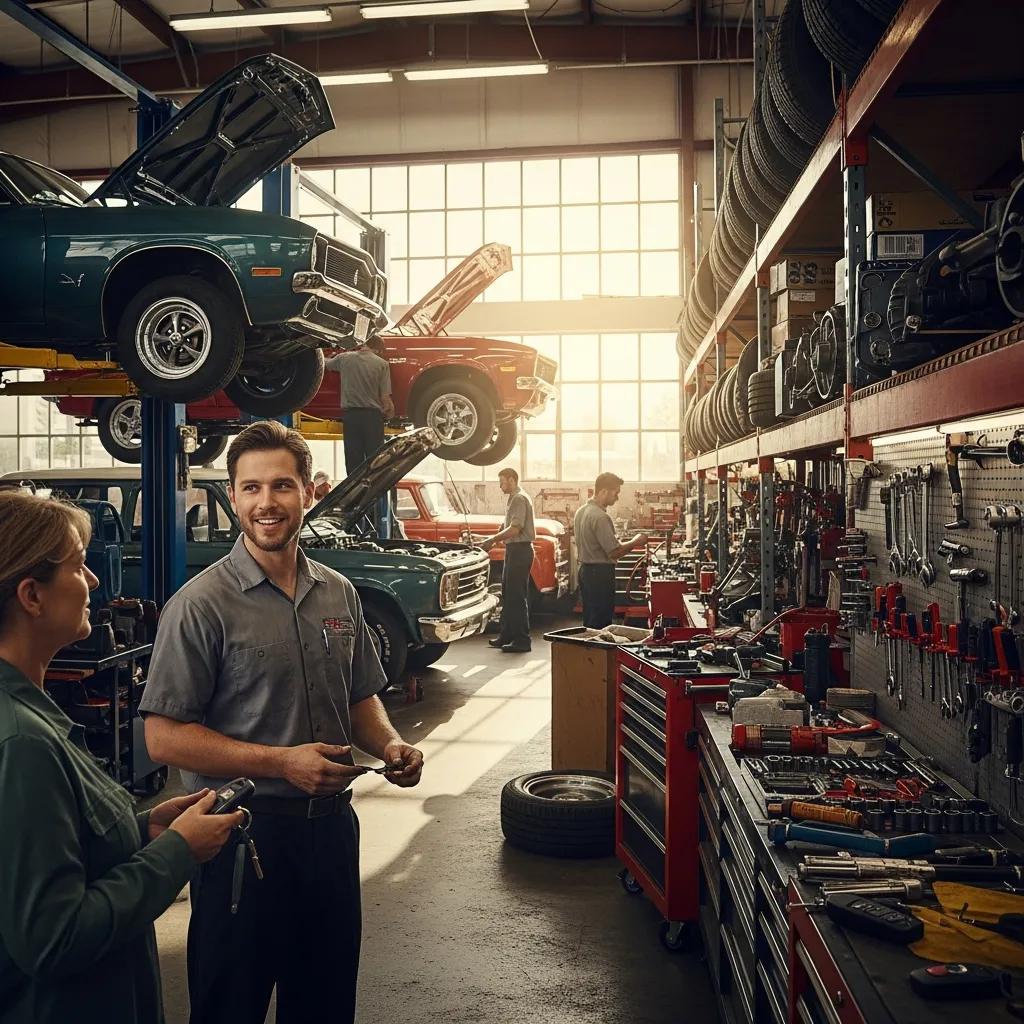 Local auto repair shop with mechanics working on vehicles, emphasizing community and service