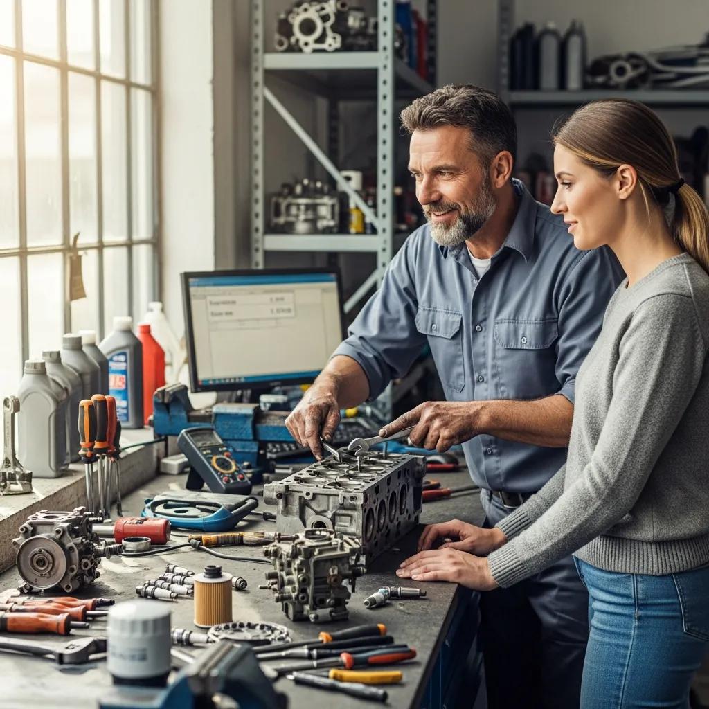 Mechanic explaining repair estimates to a customer in a professional auto repair shop
