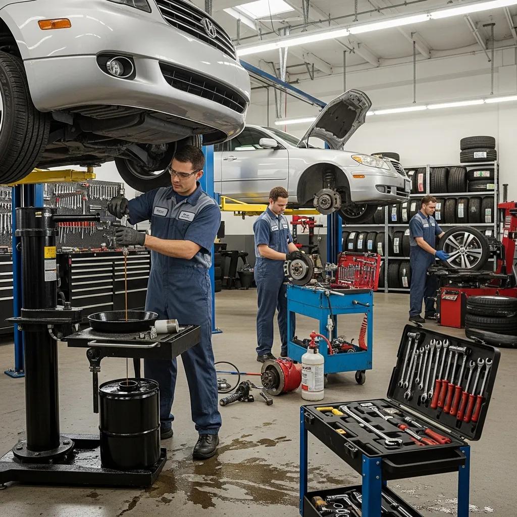Mechanics performing various vehicle services like oil changes and brake repairs in a garage