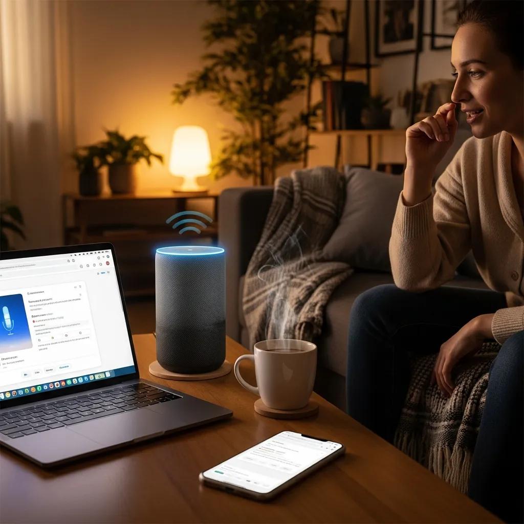 Person interacting with a smart speaker in a cozy home setting, illustrating voice search technology