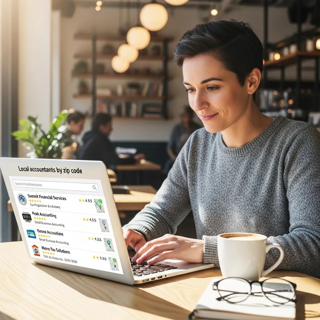Person searching for local accountants on a laptop in a coffee shop