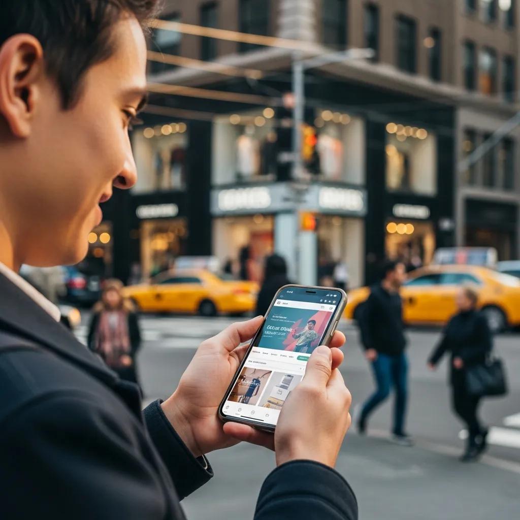 Person using a mobile device outdoors, showcasing a fast-loading website for voice search optimization