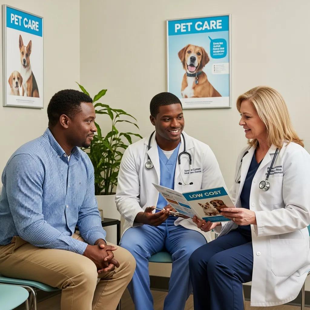 Pet owner discussing low-cost veterinary options with a friendly veterinarian