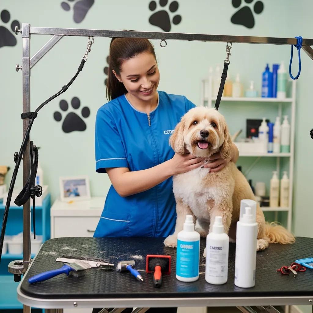 Professional groomer bathing a fluffy dog in a colorful grooming salon