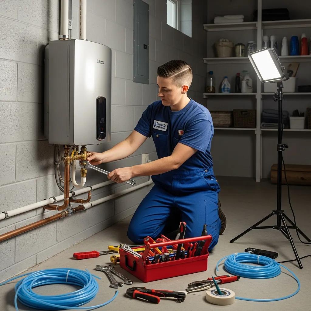 Professional plumber installing a modern water heater in a bright residential setting