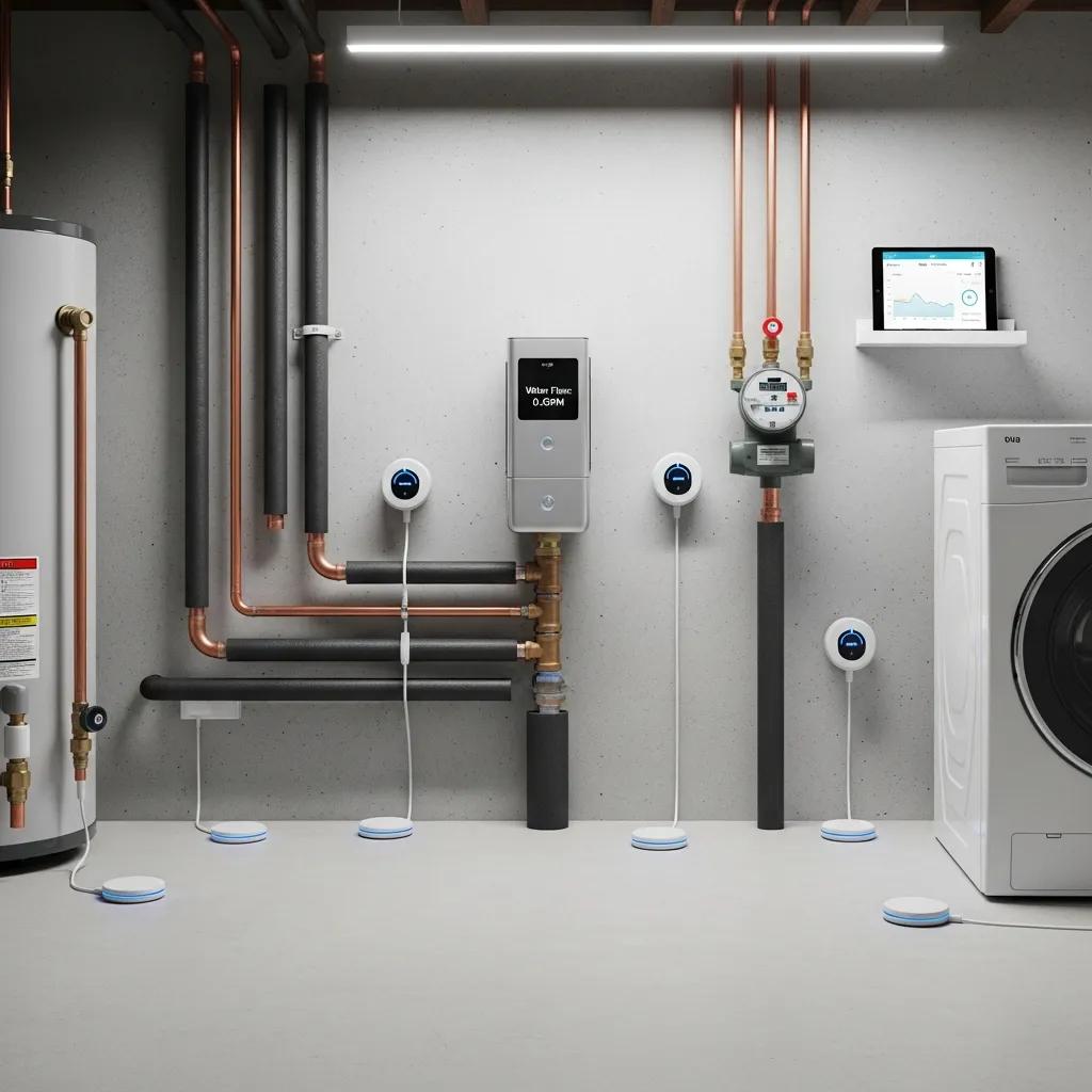 Smart home plumbing system with leak detectors and automated shut-off valves in a modern interior