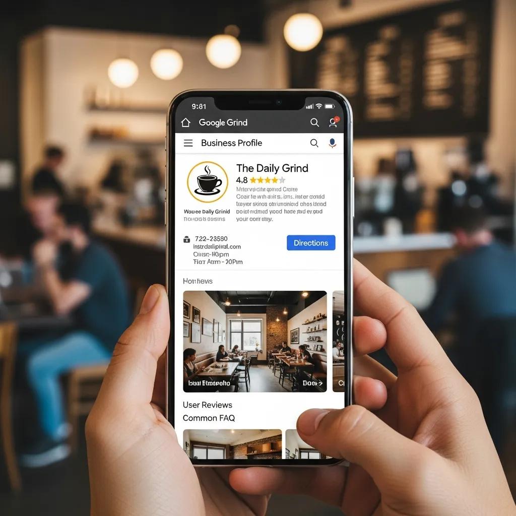 Smartphone displaying a Google Business Profile in a coffee shop, emphasizing local business visibility