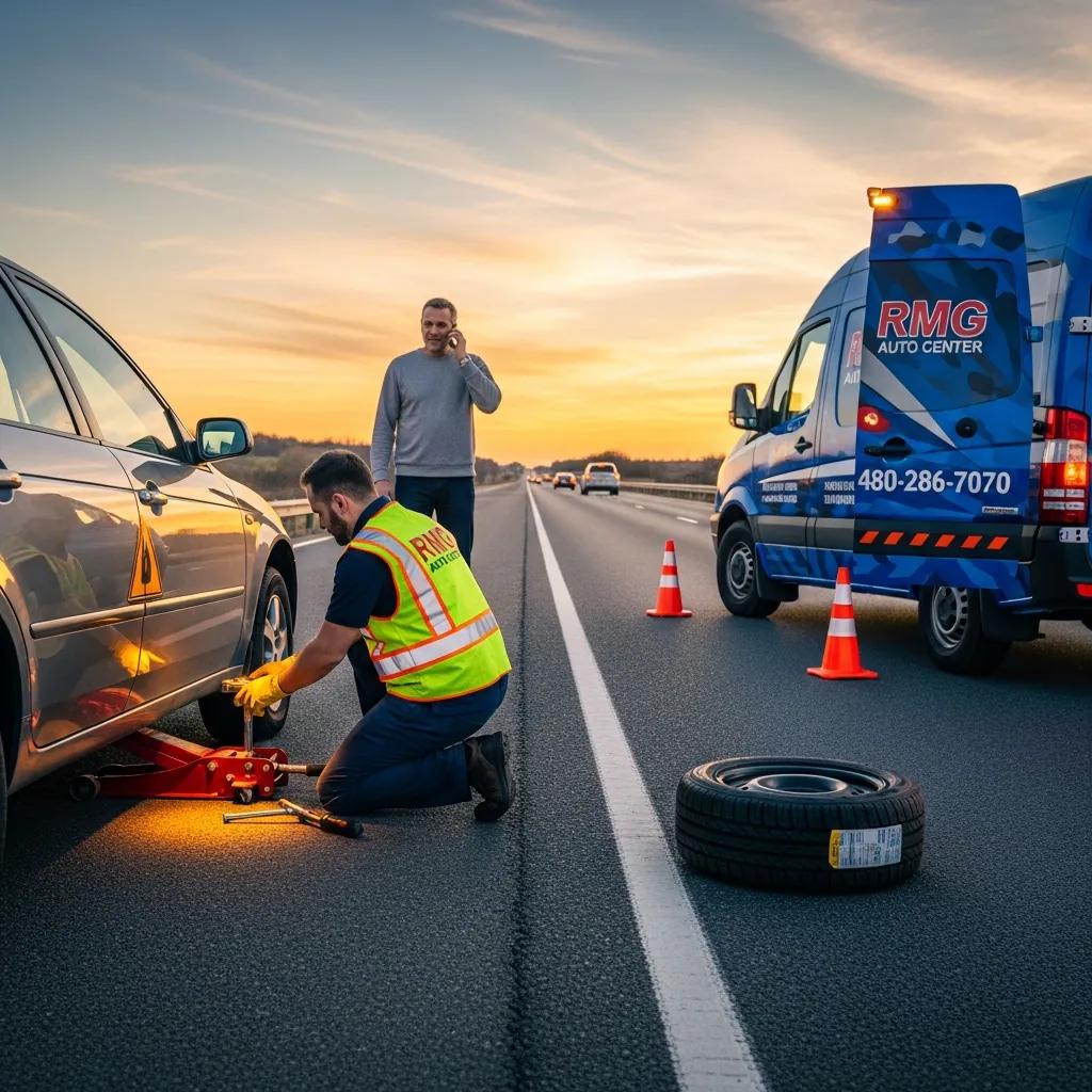 Technician providing emergency tire service to a driver on the roadside