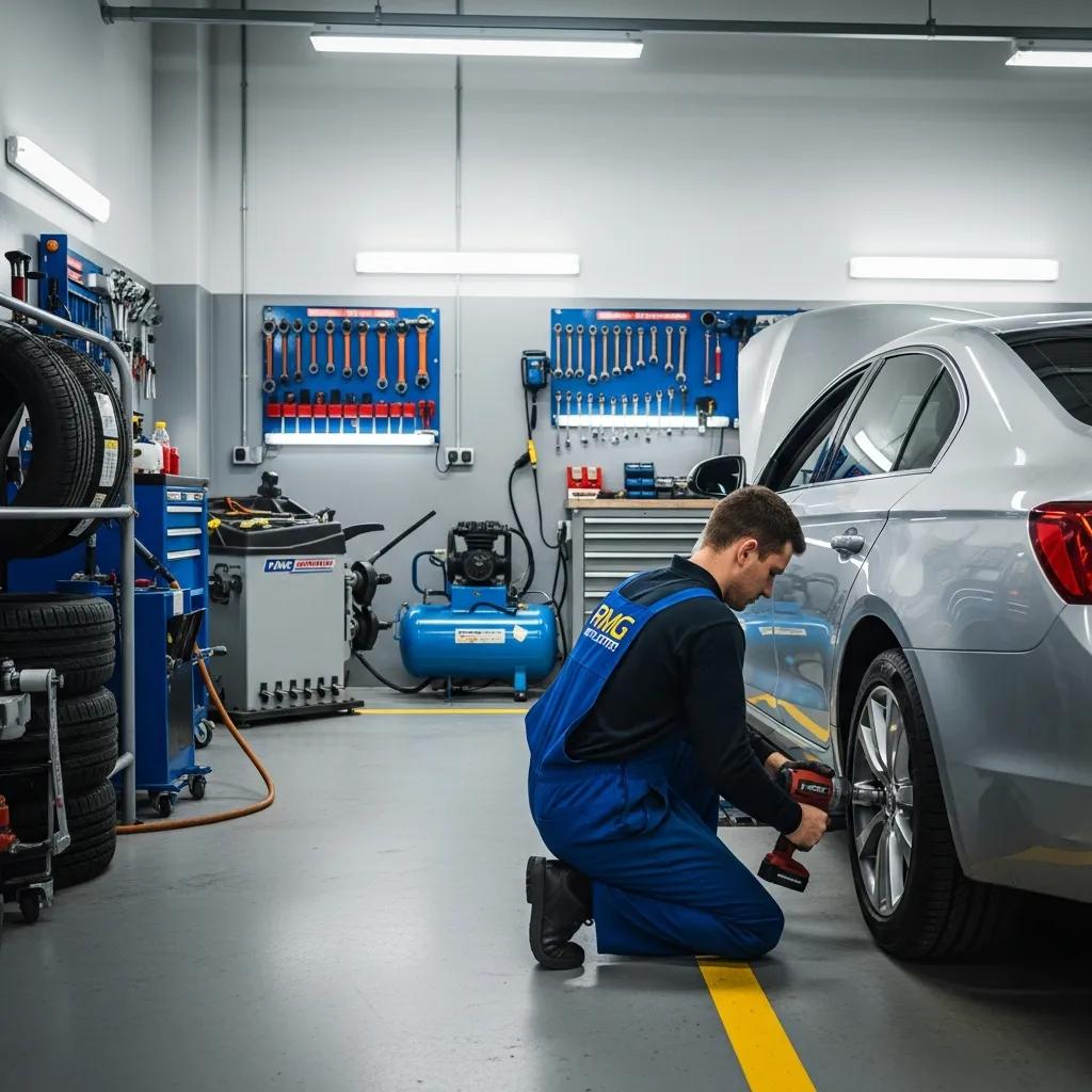 Tire installation service at RMG Auto Center with a mechanic working on a vehicle