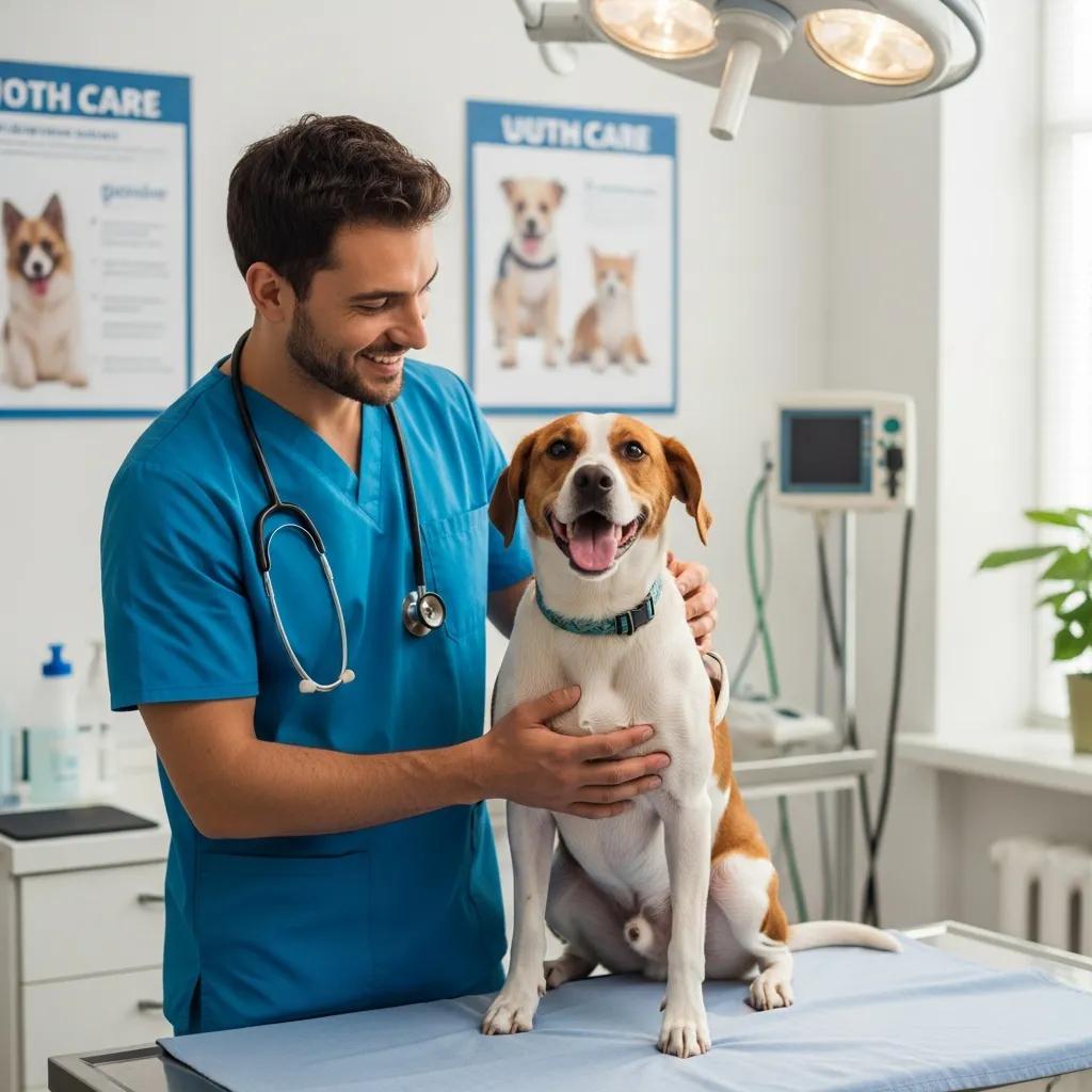 Veterinarian examining a happy dog in a welcoming clinic environment