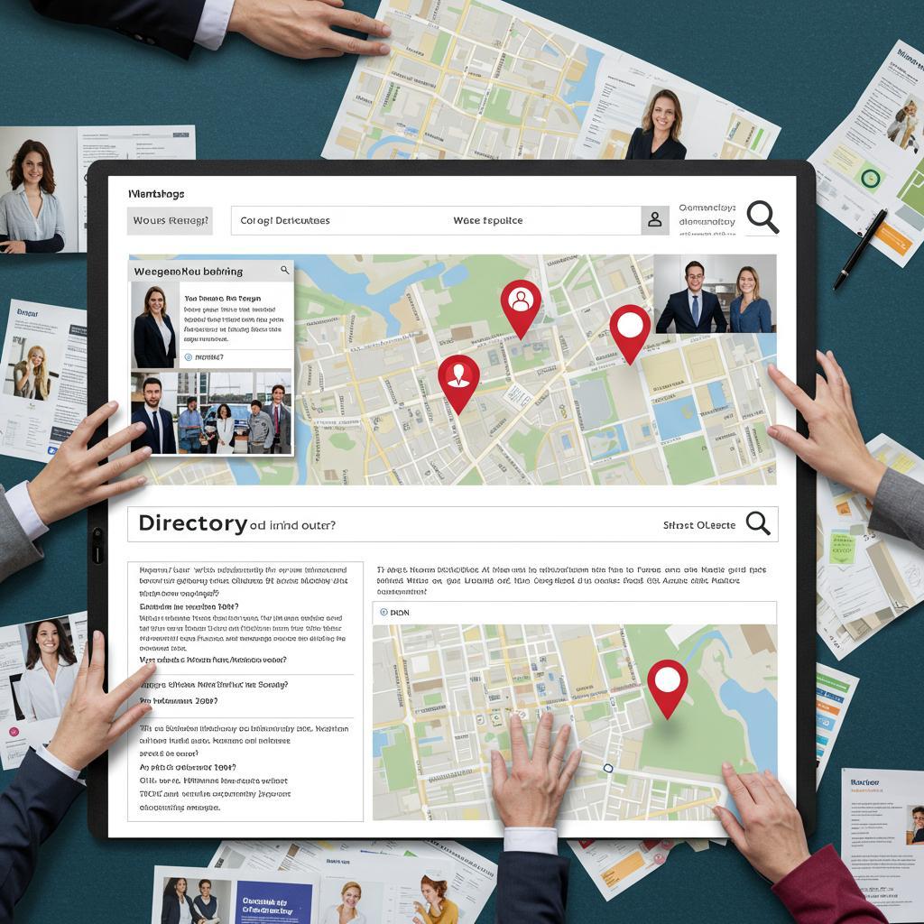 ### Key Elements

#### Main Subjects
- People collaborating around a table

#### Objects
- A large digital map display on a tablet
- Printed materials and brochures spread across the table

#### Notable Features
- Red markers on the map indicating specific locations
- User interface elements such as search bars and directories

#### Text/Symbols
- Text indicating topics and search prompts on the digital interface
- Directory information visible in printed form

### Overall Mood/Theme
The image conveys a theme of collaboration and planning, emphasizing teamwork in navigating or organizing information related to specific locations. The atmosphere is focused and engaged, suggesting productivity and a goal-oriented discussion.