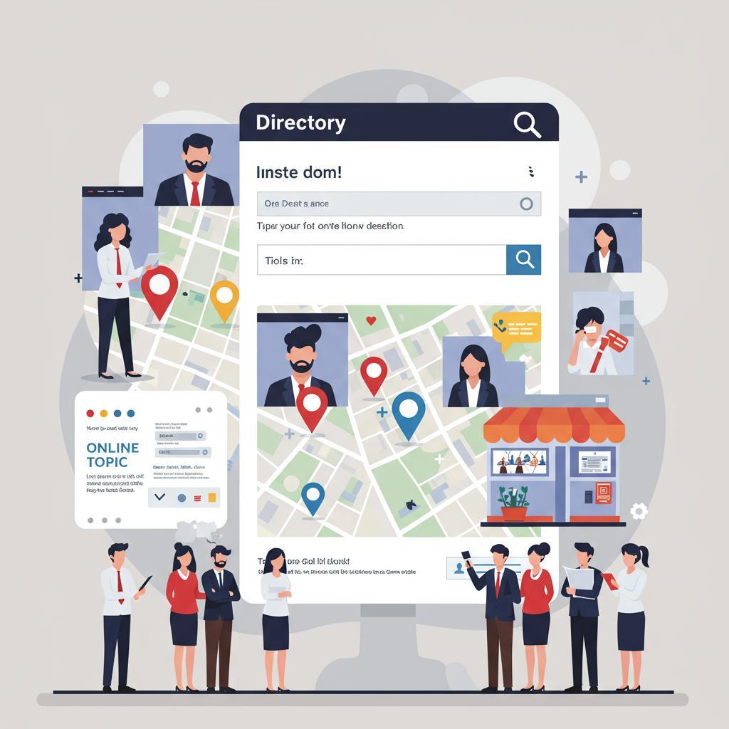 ### Key Elements

#### Main Subjects
- Diverse group of individuals depicted in business attire.
- Character illustrations with varying gender and ethnic backgrounds.

#### Objects
- Digital device illustrating a directory interface.
- Maps with location markers highlighted in red and blue.

#### Notable Features
- Brightly colored, stylized illustrations.
- Visual elements indicating online connections and networking.

#### Text and Symbols
- Text box with "Directory" and search prompts.
- "ONLINE TOPIC" noted on a document.

### Overall Mood/Theme
The image conveys a theme of connectivity and organization in a digital landscape, illustrating the importance of networking in a modern context. The vibrant colors and friendly character designs evoke a sense of collaboration and community.