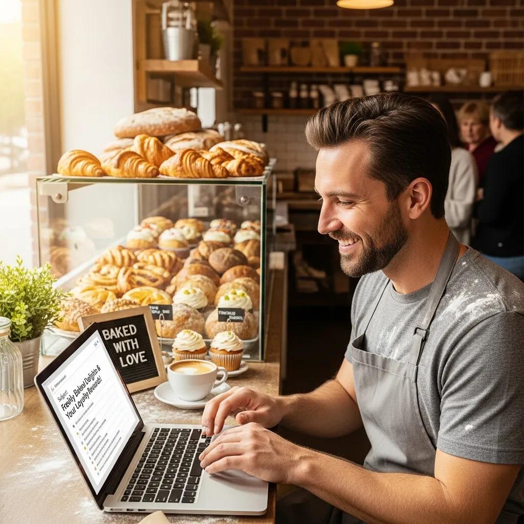 Baker sending automated emails to customers in a lively bakery setting