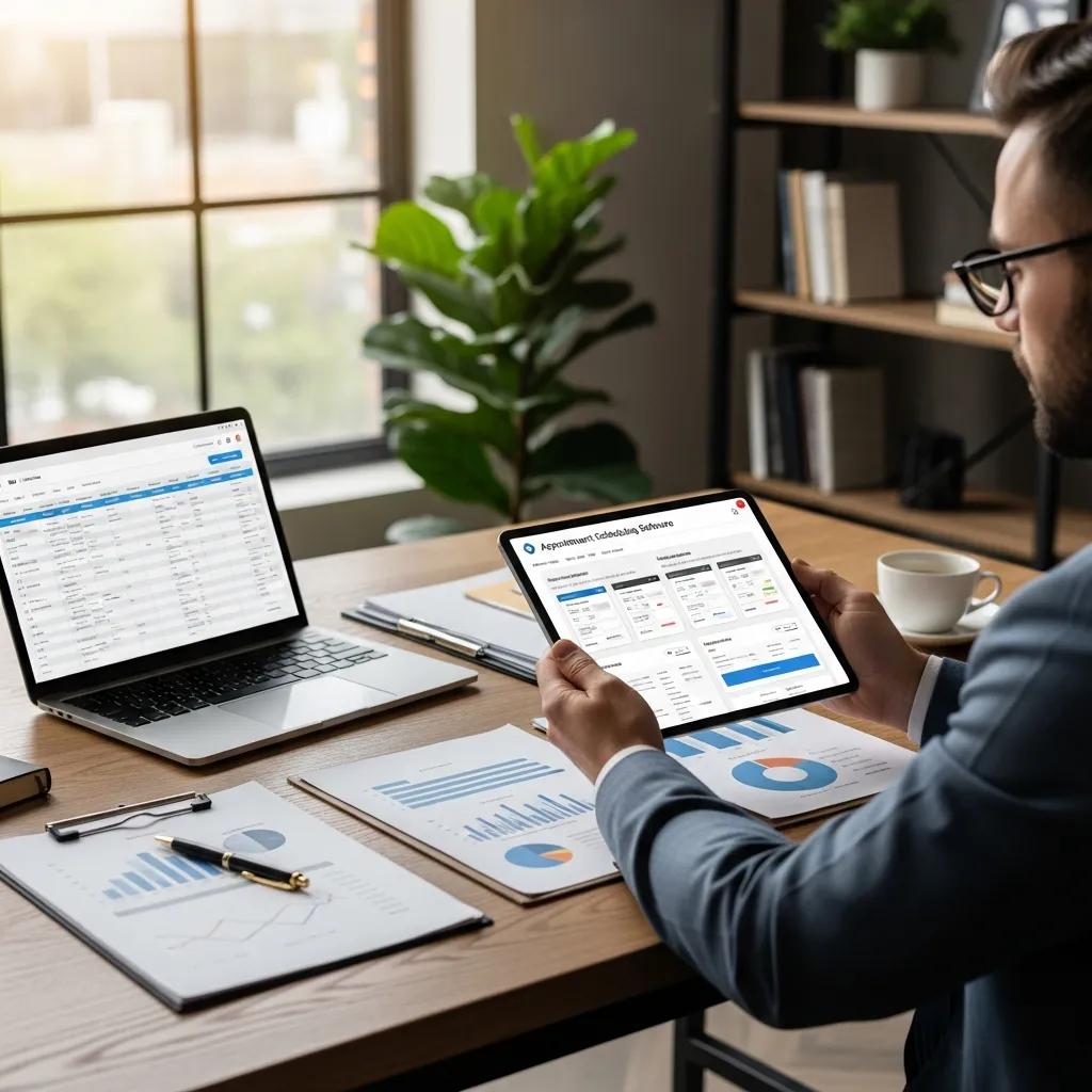 Business owner evaluating appointment scheduling software options in an office
