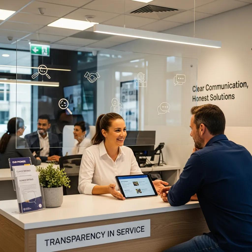 Business owner explaining service details to a customer, emphasizing transparency in customer service