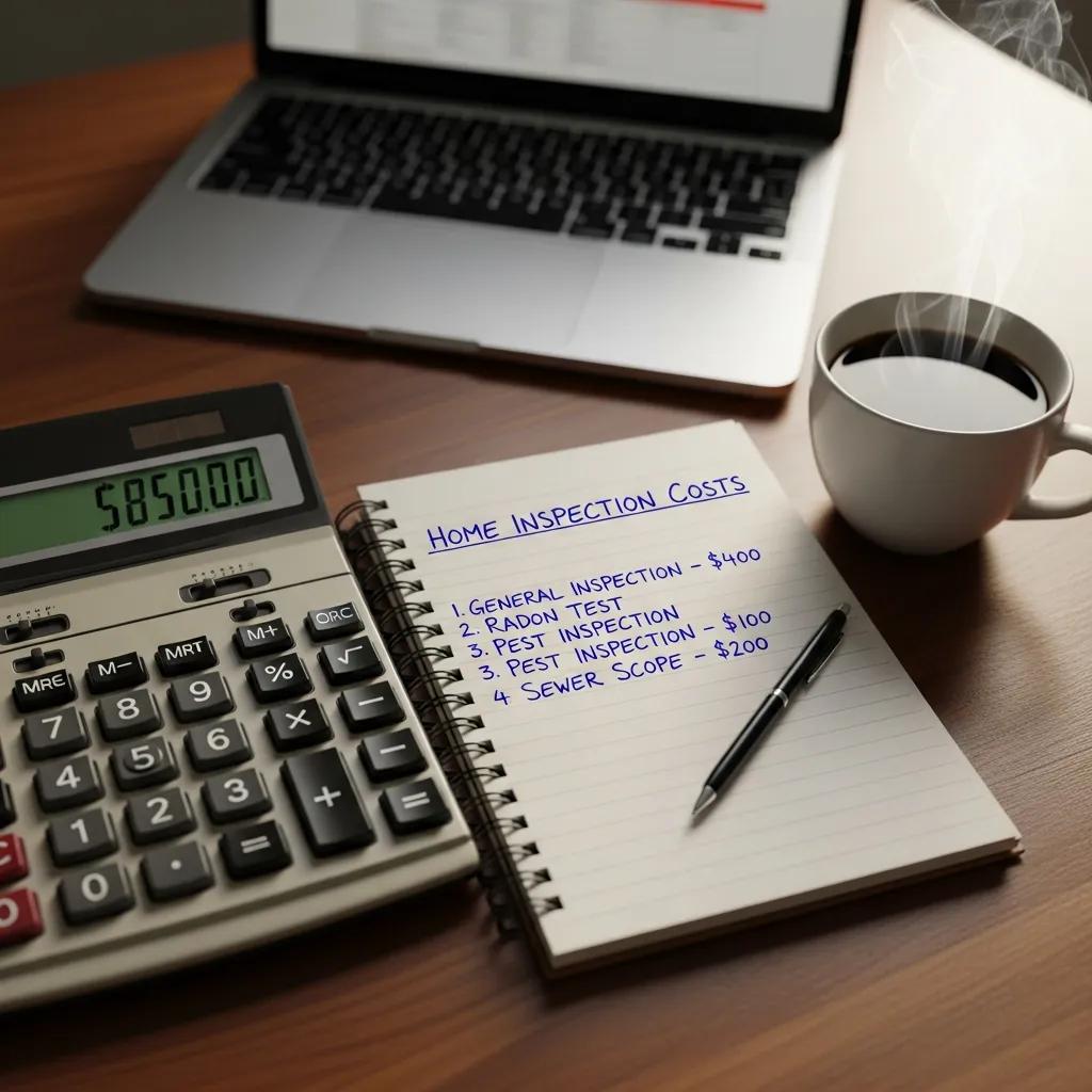 Calculator and notepad detailing home inspection costs