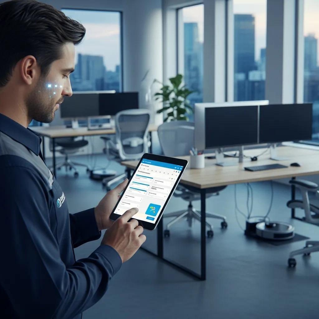 Cleaning professional using technology to enhance service quality in a modern office