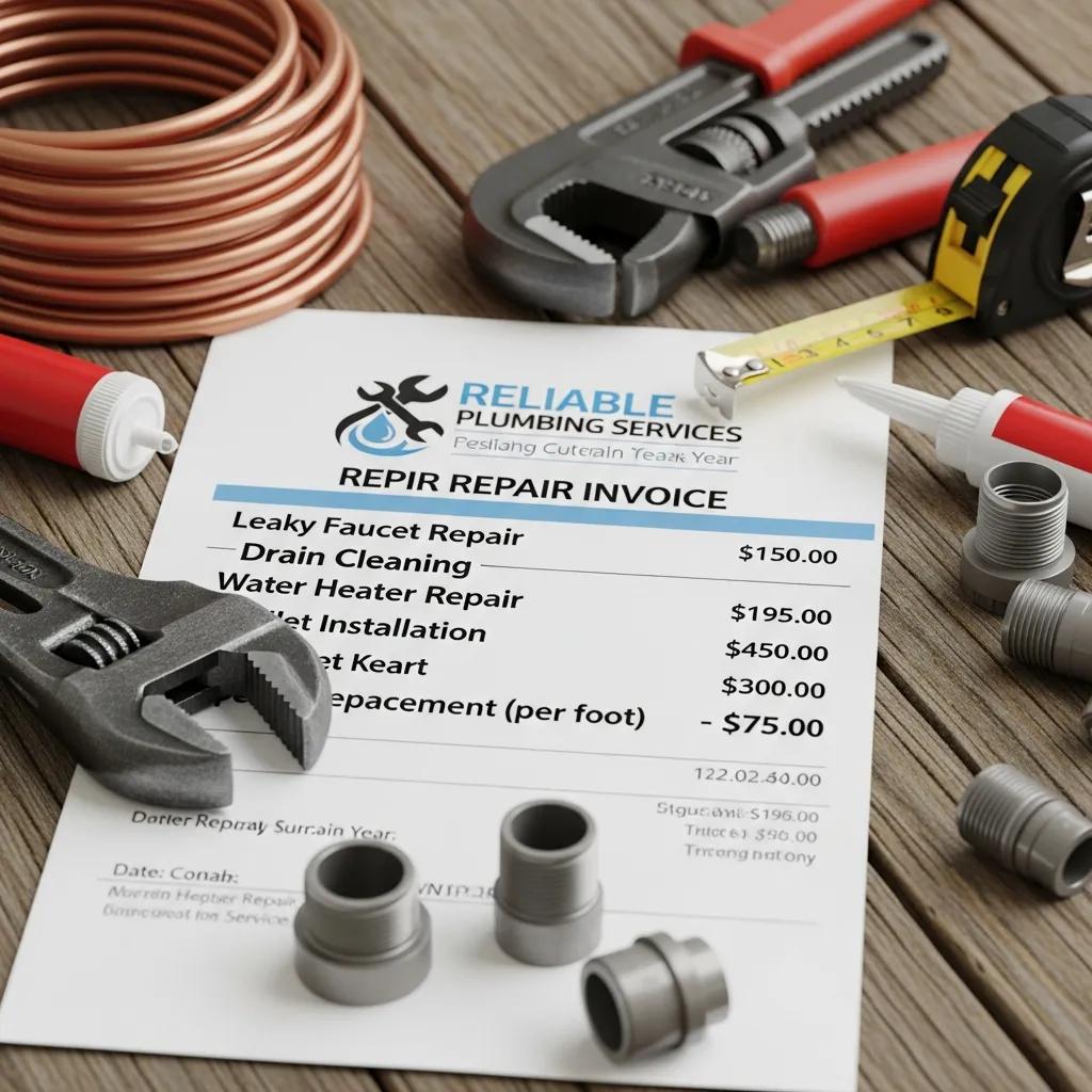 Close-up of a plumbing repair invoice detailing average costs for common repairs, surrounded by tools
