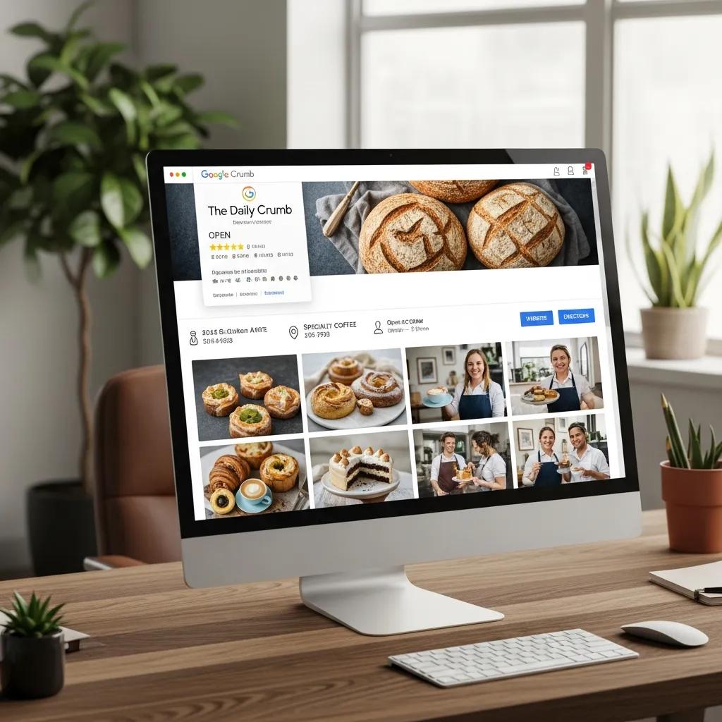 Computer screen showing an optimized Google Business Profile with vibrant visuals of products and services, emphasizing local business online presence