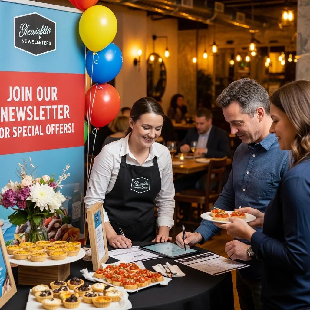 Customers signing up for a newsletter at a local restaurant's promotional booth