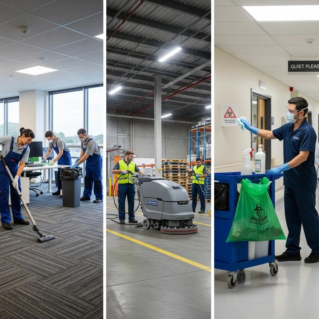 Diverse commercial cleaning services in action: office, industrial, and healthcare environments
