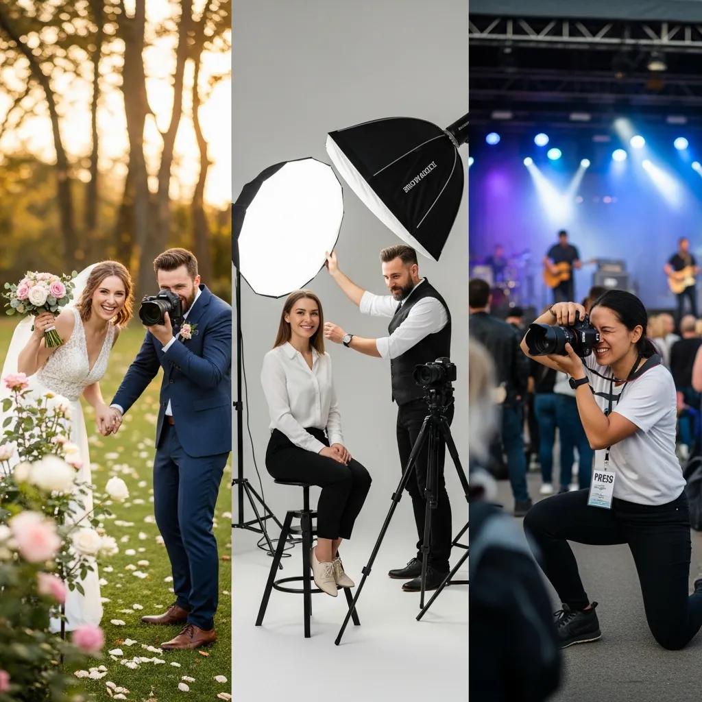 Diverse professional photographers capturing moments in various settings
