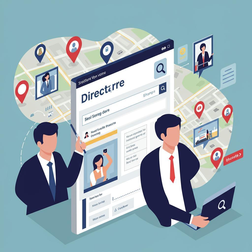 ### Main Subjects
- Two business professionals
- Online directory interface

### Objects
- Laptop and desktop screen displaying a web page
- Map with location markers

### Notable Features
- Interface shows user profiles and reviews
- Various icons represent businesses or services

### Text and Symbols
- Title “Directorre” prominently displayed
- Location markers suggest a focus on nearby services

### Overall Mood or Theme
The image conveys a modern, tech-savvy approach to finding local services, emphasizing connectivity and convenience in navigating one's environment. The professionals exude confidence, reflecting a professional and efficient atmosphere.