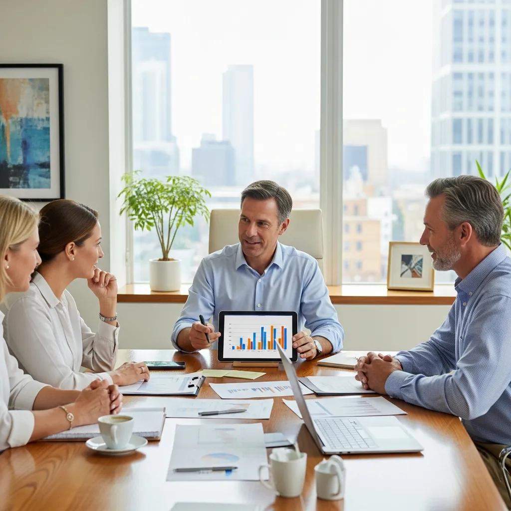Financial advisor discussing wealth management strategies with clients in an office