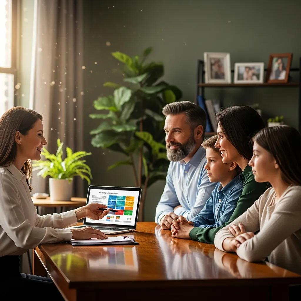 Friendly insurance agent assisting a diverse family in a cozy office setting