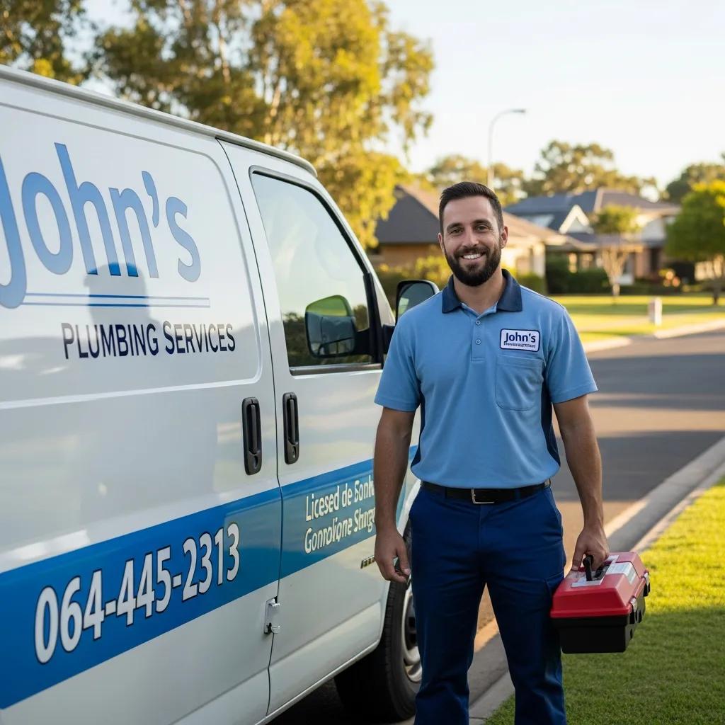Friendly local plumber with a toolbox in front of a service van, representing licensed plumbing services