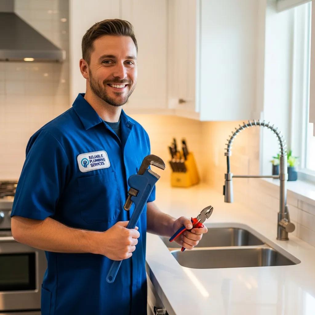 Friendly plumber in a modern kitchen, representing reliable plumbing services