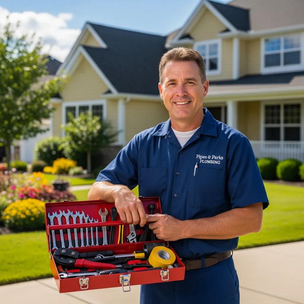 Friendly plumber with toolbox in front of a suburban home, representing local plumbing services